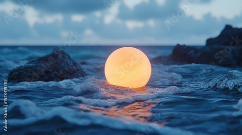 Goal of Life Mindset, Success, Calm and Goal symbol. A glowing sphere floats on the ocean waves, creating a serene and magical atmosphere at dusk.