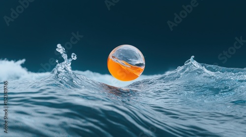 Goal of Life Mindset, Success, Calm and Goal symbol. A transparent bubble rises above ocean waves at sunset, creating an ethereal view.