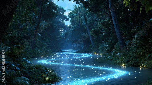 Goal of Life Mindset, Success, Calm and Goal symbol. Serene river winding through a lush, tropical forest under soft blue lighting.