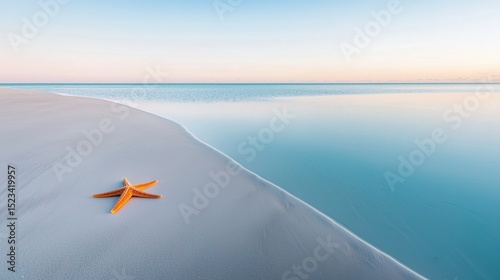 Goal of Life Mindset, Success, Calm and Goal symbol. A tranquil beach scene featuring a starfish on the shoreline against a serene blue sea.