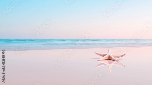 Goal of Life Mindset, Success, Calm and Goal symbol. A serene starfish rests on a calm beach at sunset, reflecting the pastel sky and water.