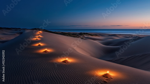 Goal of Life Mindset, Success, Calm and Goal symbol. Serene twilight over sand dunes with footprints leading towards the ocean's horizon.