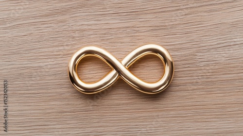 Goal of Life Mindset, Success, Calm and Goal symbol. A silver infinity symbol on a wooden background, representing eternity and continuity.
