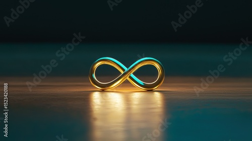 Goal of Life Mindset, Success, Calm and Goal symbol. A metallic infinity symbol illuminated on a reflective surface.