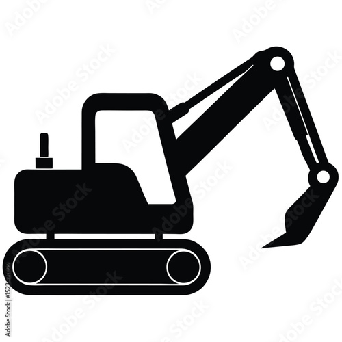 Black and white illustration of a construction excavator icon on a white background