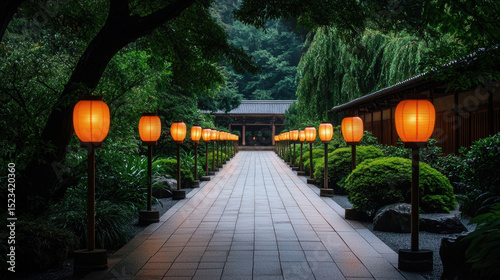 Goal of Life Mindset, Success, Calm and Goal symbol. A serene pathway lined with glowing lanterns, surrounded by lush greenery and tranquil architecture.