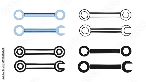 Wrench icon symbol set. Modern spanner repair tool builder mechanic, plumber. Construction mechanical maintain metal tool sign professional stylized simple cartoon vector illustration
