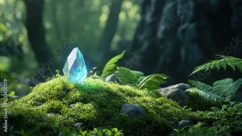 Goal of Life Mindset, Success, Calm and Goal symbol. A crystal sits atop moss in a tranquil forest, reflecting soft light among lush greenery.
