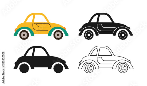 Simple retro Car icon symbol cartoon set. Hand drawn cute automobile car in different styles colored, silhouette, outline kid collection. Simple funny auto beetle transport icon vector illustration