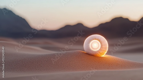 Goal of Life Mindset, Success, Calm and Goal symbol. A snail shell on a sandy landscape with soft, blurred mountains in the background during sunset.