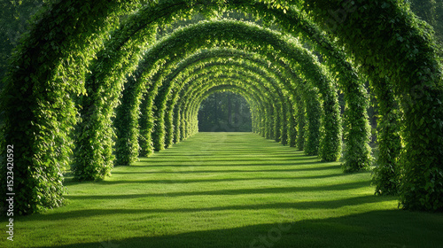 Goal of Life Mindset, Success, Calm and Goal symbol. A lush green archway creating a serene pathway in a garden.
