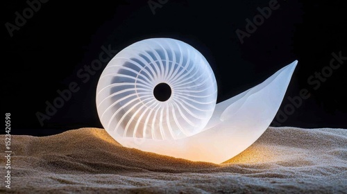 Goal of Life Mindset, Success, Calm and Goal symbol. Translucent spiral shell sculpture resting on sand against a dark background.