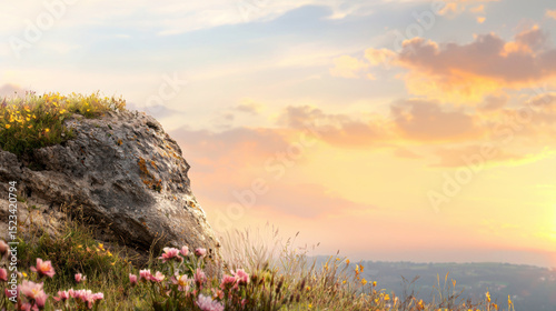 Goal of Life Mindset, Success, Calm and Goal symbol. Serene landscape with flowers and a rocky silhouette against a colorful sunset sky.