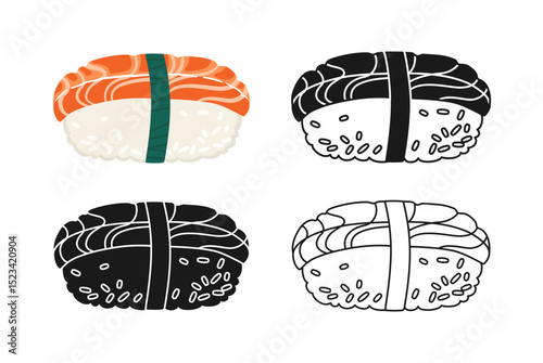 Sushi Nigiri with salmon symbol cartoon set. Traditional Asian Japanese food linear doodle icon. Sushi seafood vector illustration. Stylized doodle design sign for oriental menu, cafe, bar, restaurant
