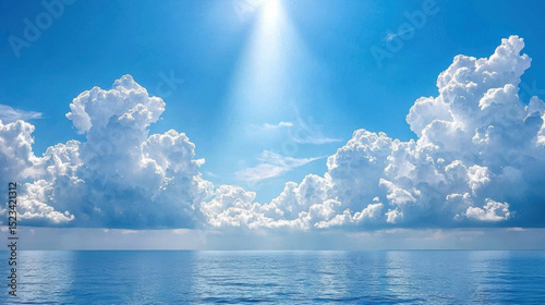 Goal of Life Mindset, Success, Calm and Goal symbol. Bright blue sky with fluffy clouds and a shimmering ocean under sunlight.