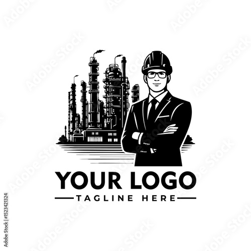 Detailed illustration of an engineer wearing a hard hat with an industrial factory background. Engineering concept