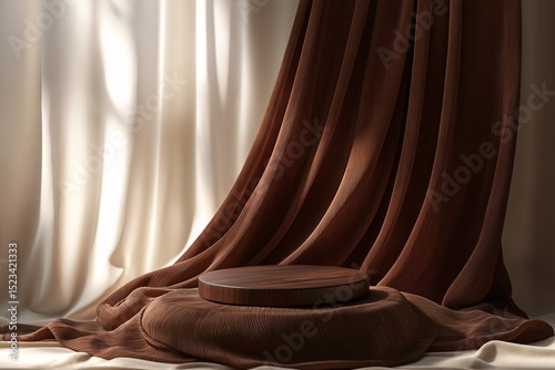 Elegant Fabric Drapery. Artistic Textile Showcase with Dramatic Lighting and Modern Design in a Minimalistic Studio Setting