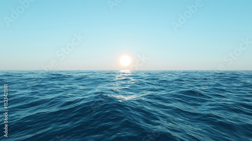 Goal of Life Mindset, Success, Calm and Goal symbol. A serene ocean scene with gentle waves under a clear sky and a sun setting on the horizon.