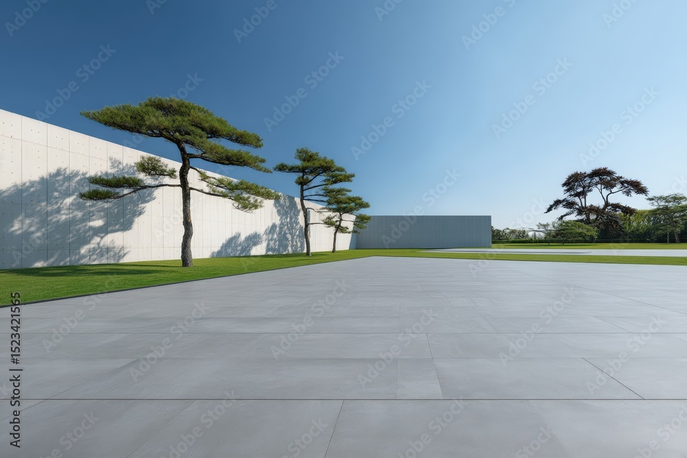Obraz premium Large empty paved area in front of a modern minimalist white concrete building with pine trees and green grass under a clear blue sky