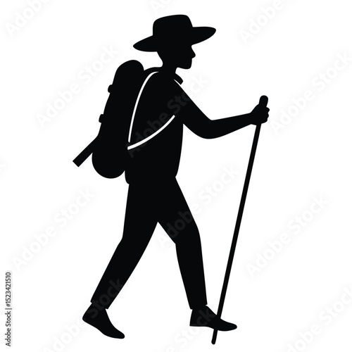 Silhouette of a hiker with backpack and hiking stick in simple black and white illustration