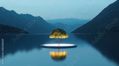 Goal of Life Mindset, Success, Calm and Goal symbol. A serene landscape featuring a solitary tree on a small island surrounded by calm waters and mountains.