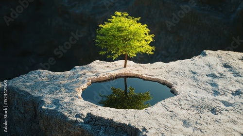 Goal of Life Mindset, Success, Calm and Goal symbol. A solitary tree grows on a rocky surface, mirrored in a small pool of water below.