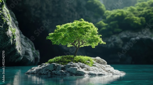 Goal of Life Mindset, Success, Calm and Goal symbol. Lone tree on a rocky island surrounded by serene water and lush greenery.