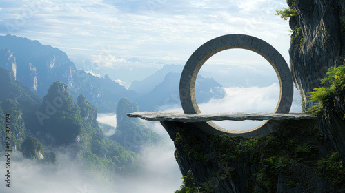 Goal of Life Mindset, Success, Calm and Goal symbol. A surreal landscape featuring a circular stone structure on a cliff surrounded by misty mountains.