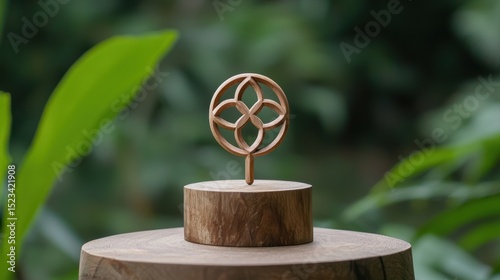 Goal of Life Mindset, Success, Calm and Goal symbol. A decorative metal emblem atop a wooden pedestal surrounded by lush greenery.