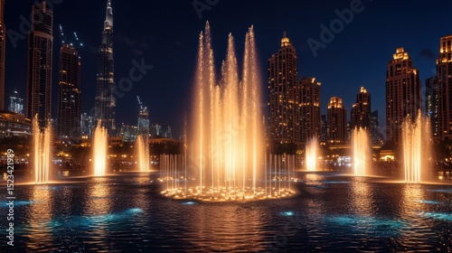 Illuminated water fountain display in Dubai with cityscape at night