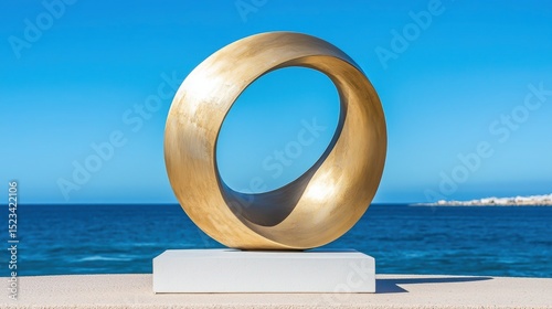 Goal of Life Mindset, Success, Calm and Goal symbol. Golden abstract sculpture by the sea against a clear blue sky.