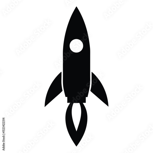 Simple black silhouette of a rocket ship launching into space ready for take off.