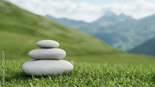Goal of Life Mindset, Success, Calm and Goal symbol. A stack of smooth stones on green grass with blurred mountains in the background.