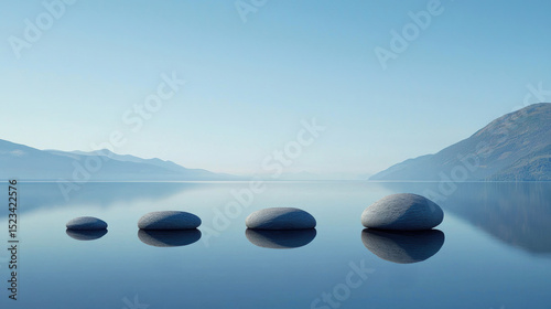 Goal of Life Mindset, Success, Calm and Goal symbol. Serene landscape with smooth stones on calm water reflecting the mountains and sky.