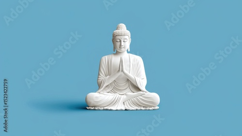 Goal of Life Mindset, Success, Calm and Goal symbol. White Buddha statue in a meditative pose against a blue background.