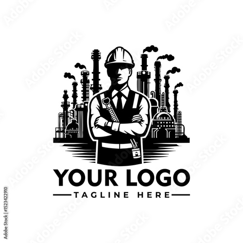 Detailed illustration of an engineer wearing a hard hat with an industrial factory background. Engineering concept