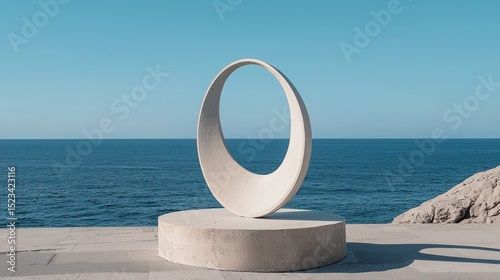 Goal of Life Mindset, Success, Calm and Goal symbol. A modern sculpture stands by the serene ocean, framed against a clear blue sky.