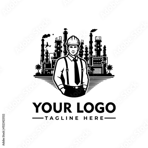 Detailed illustration of an engineer wearing a hard hat with an industrial factory background. Engineering concept