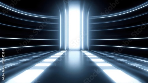 Futuristic corridor glows with ethereal blue and white light