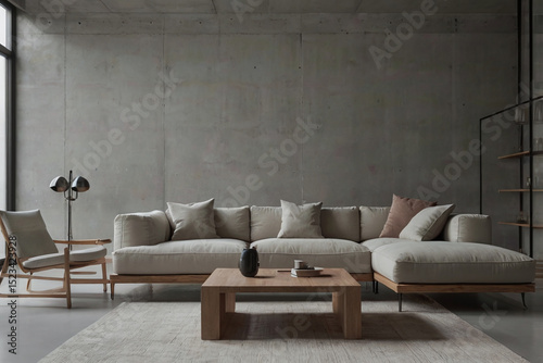 Modern Industrial Living Room with Minimalist Sofa and Contemporary Furniture in Neutral Color Palette