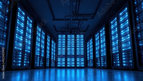 A long row of digital servers glow bright in a blue room