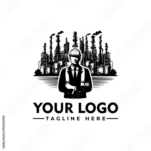 Detailed illustration of an engineer wearing a hard hat with an industrial factory background. Engineering concept