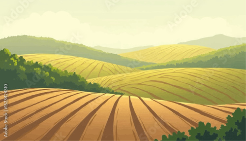 Farmland landscape with fields and hills