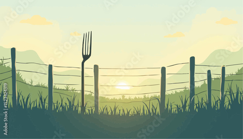 Fork Silhouette Over Field Fence Sunset