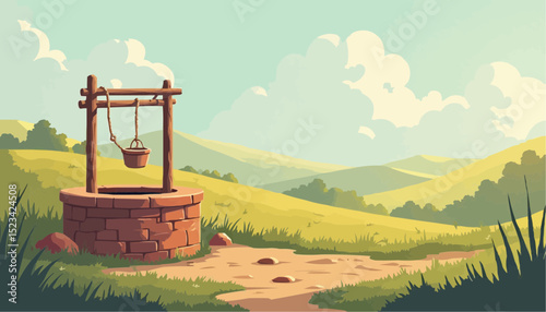 Water well in field under a bright sky