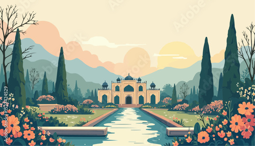 Building with Water Garden against Mountain Landscape