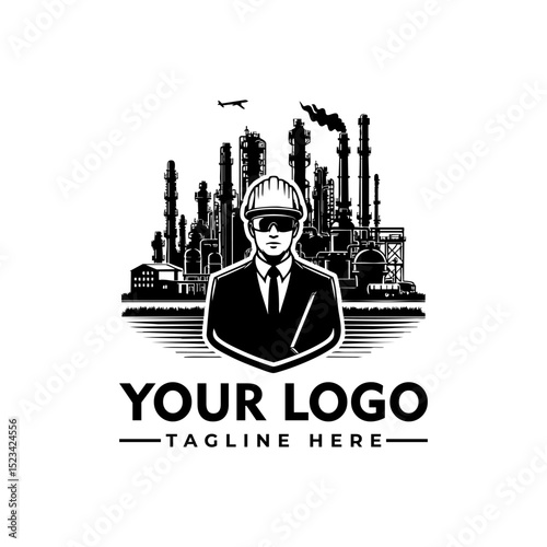 Detailed illustration of an engineer wearing a hard hat with an industrial factory background. Engineering concept