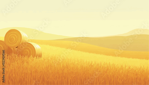 Hay bales in golden wheat field landscape