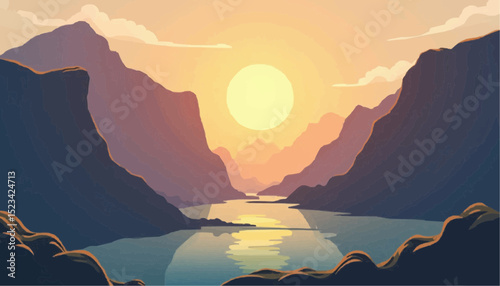 Mountain Landscape with Water and Sunset