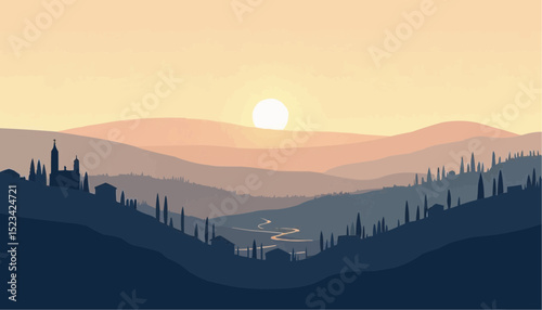 Landscape with Hills, Valley, Village and Rising Sun